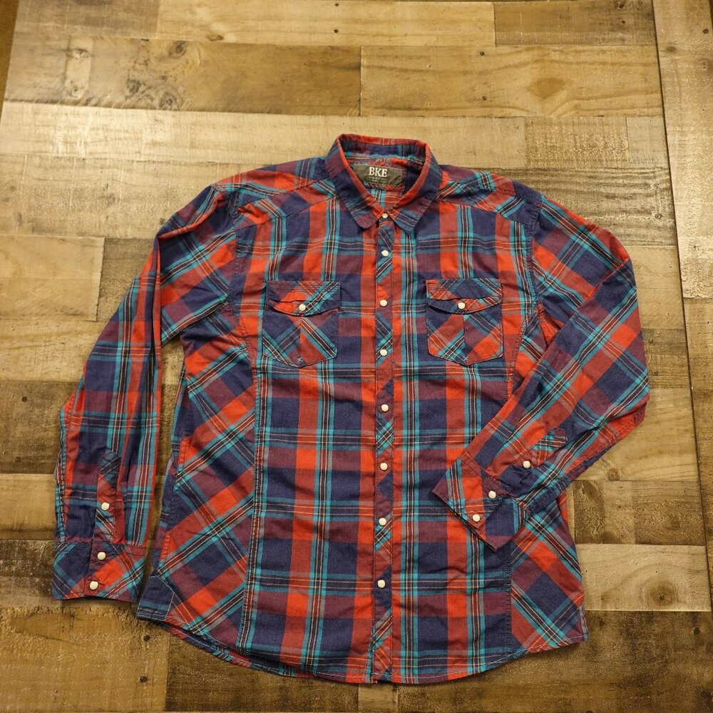 BKE plaid button down shirt men's XXL red blue check athletic fit pearl snap